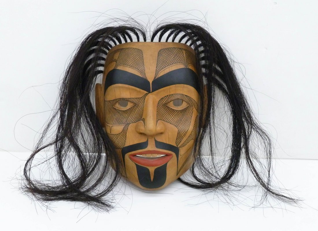 Glen Rabena (20th Cent. Washington) Human Carved &: Glen Rabena (20th Cent. Washington) Human Carved & Painted Native Mask 9''x7.5''. Signed and dated 1984 on verso.