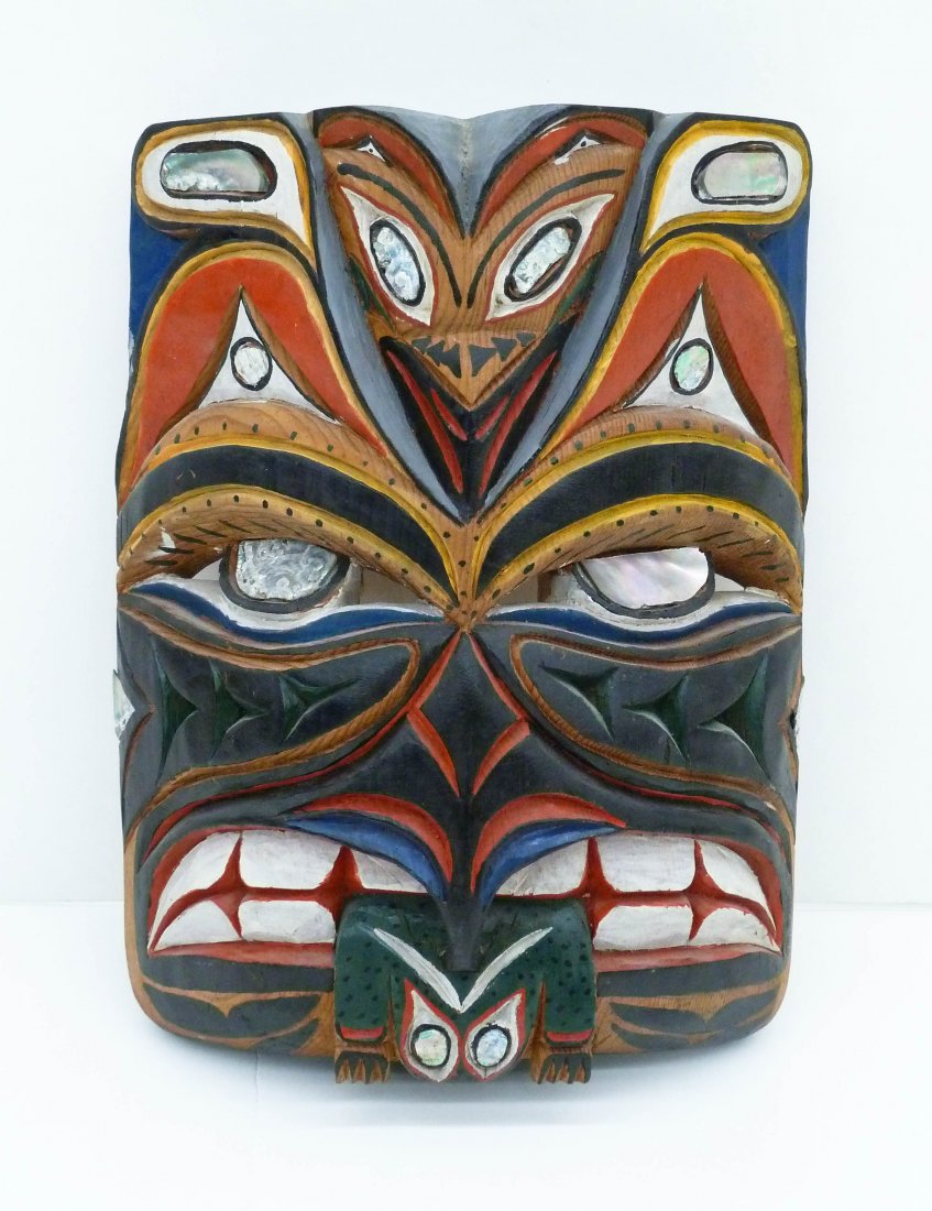 Rick Williams (b.1955 Washington) Thunderbird Carved &: Rick Williams (b.1955 Washington) Thunderbird Carved & Painted Native Wood Mask 12''x9.5''. Inlaid abalone shell eyes.