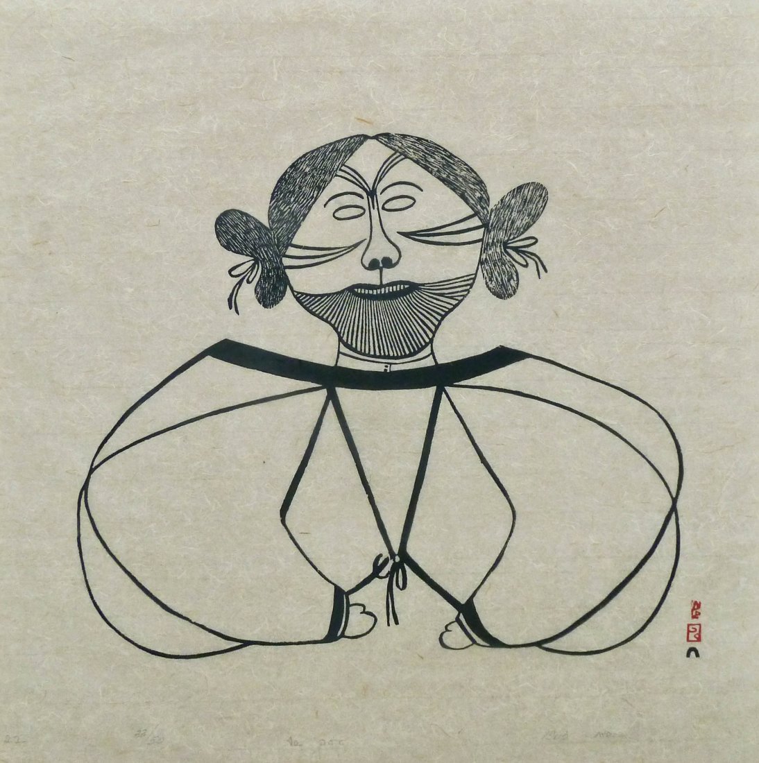 Pitseolak Ashoona (1904-1983 Canada) Native Portrait: Pitseolak Ashoona (1904-1983 Canada) Native Portrait 1963 Inuit Stonecut Print 23.5''x23'' Sight. Pencil signed and numbered 33 of 50 lower margin. Total framed size 30.5''x30''.
