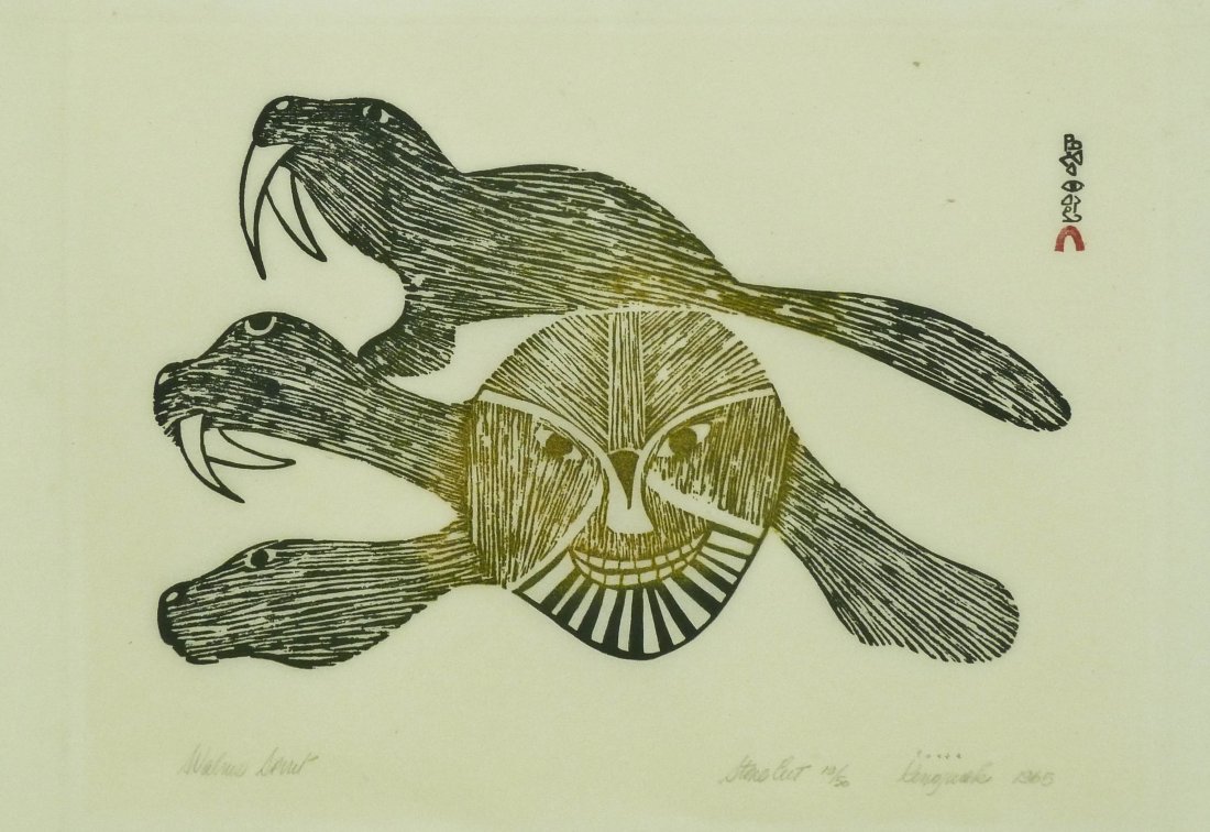 Kenojuak Ashevak (1927-2013 Canada) ''Walrus Spirit'': Kenojuak Ashevak (1927-2013 Canada) ''Walrus Spirit'' 1965 Inuit Stonecut Print 12.75''x18.25'' Sight. Pencil signed and numbered 19 of 50. Total framed size 21.5''x26.75''.