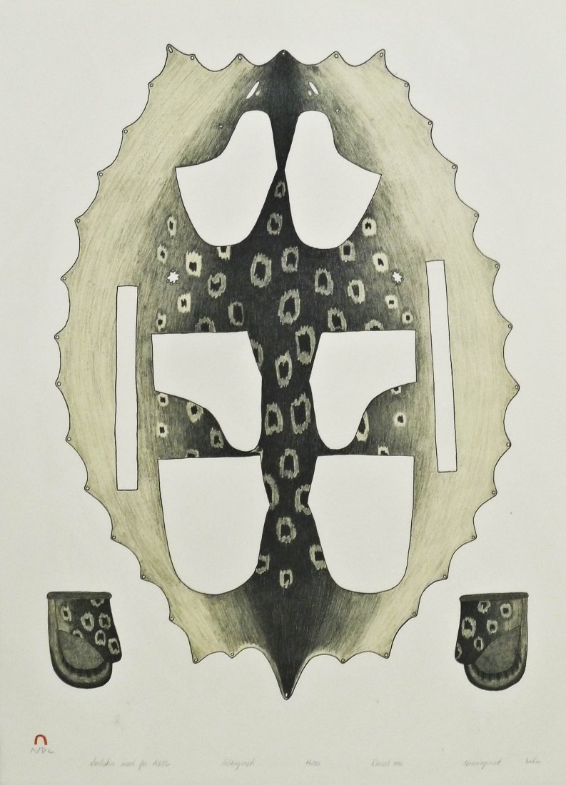 Kananginak Pootoogook (1935-2010 Canada) ''Sealskin: Kananginak Pootoogook (1935-2010 Canada) ''Sealskin Used For Mitts'' 1991 Inuit Stonecut Print 28.5''x20'' Sheet. Pencil signed and numbered 46 of 50. Total framed size 35.75''x27.25''.