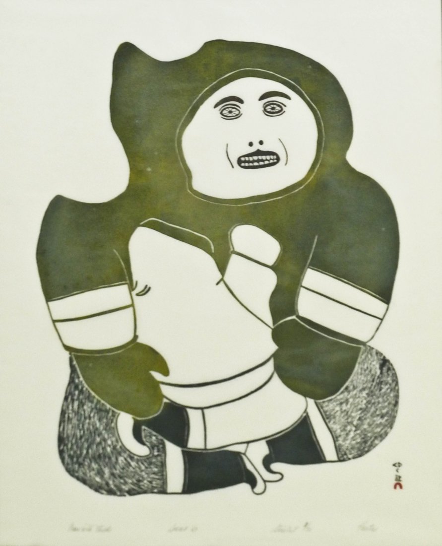 Pauta Saila (1917-2009 Canada) ''Man with Child'' 1967: Pauta Saila (1917-2009 Canada) ''Man with Child'' 1967 Inuit Stonecut Print 27.75''x23'' Sight. Pencil signed and numbered 9 of 50 lower margin. Total framed size 37.25''x30''.