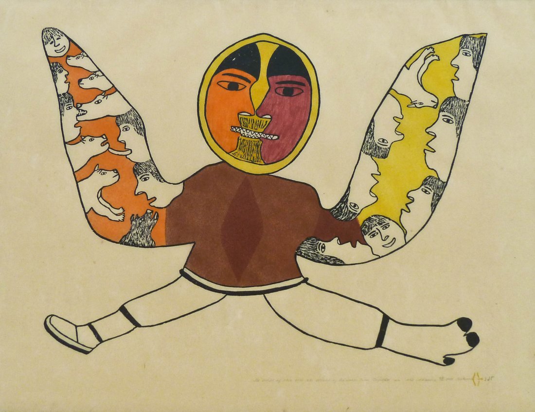 Simon Tookoome (1934-2010 Canada) ''The World of Man: Simon Tookoome (1934-2010 Canada) ''The World of Man and the World of Animals Come Together in the Shaman'' 1973 Inuit Stonecut Print 24''x31'' Sight. Pencil signed and numbered 42 of 50. Total framed