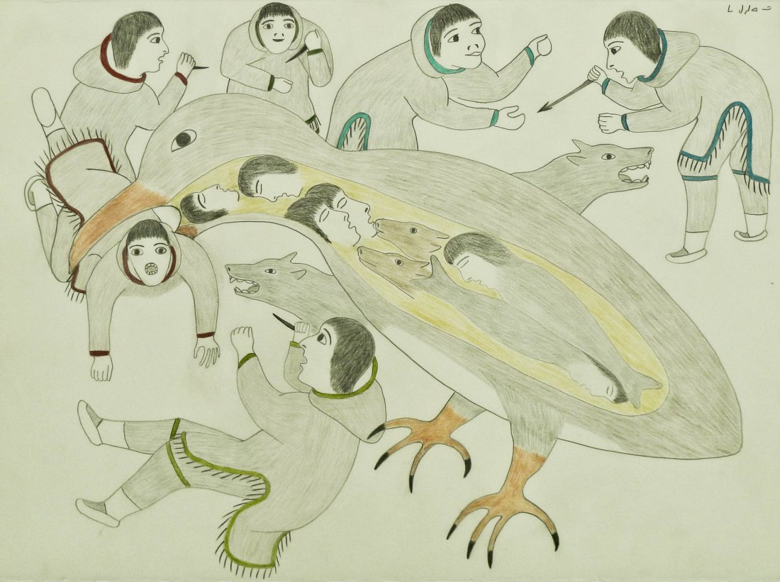 Victoria Mamnguqsualuk (b.1930 Canada) Bird & Wolf: Victoria Mamnguqsualuk (b.1930 Canada) Bird & Wolf Transformation Inuit Graphite & Chalk on Rives Paper 22''x29.75'' Sheet. Total framed size 31.5''x39''.