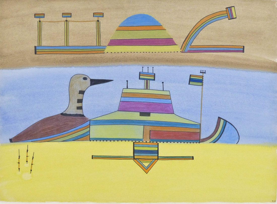Pudlo Pudlat (1916-1992 Canada) Bird with Boat Inuit: Pudlo Pudlat (1916-1992 Canada) Bird with Boat Inuit Acrylic Wash & Colored Pencil on Arches Paper 22.5''x30'' Sheet. Total framed size 31''x38''.