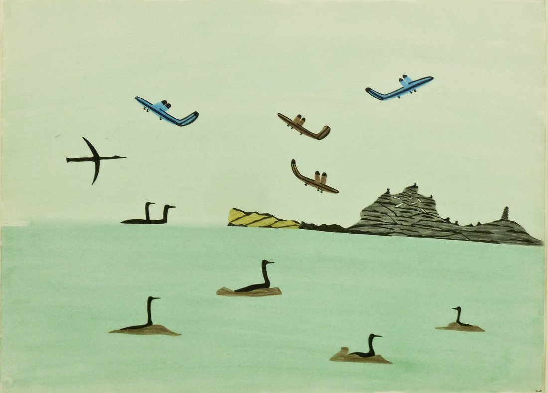 Pudlo Pudlat (1916-1992 Canada) Landscape with: Pudlo Pudlat (1916-1992 Canada) Landscape with Airplanes Inuit Acrylic Wash & Colored Pencil on Arches Paper 22.5''x30'' Sheet. Total framed size 29''x36.25''.
