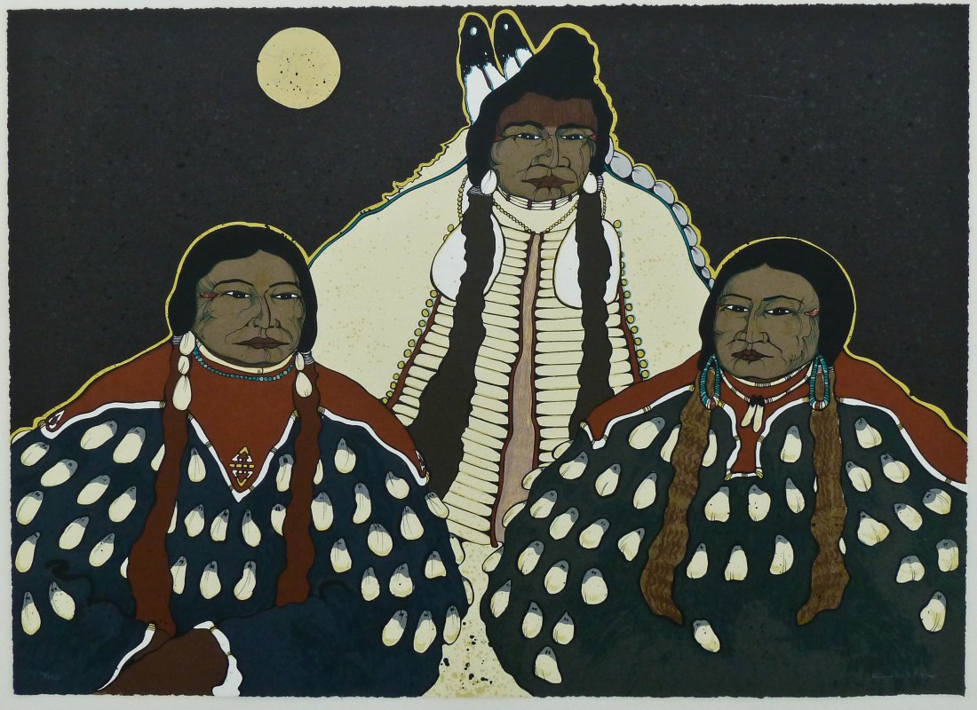 Kevin Red Star (b.1943 American) ''Crow Men and: Kevin Red Star (b.1943 American) ''Crow Men and Ladies'' 1980 Indian Serigraph 22.5''x30.5'' Sheet. Pencil signed and numbered 14 of 150. Total framed size 32.5''x39.75''.