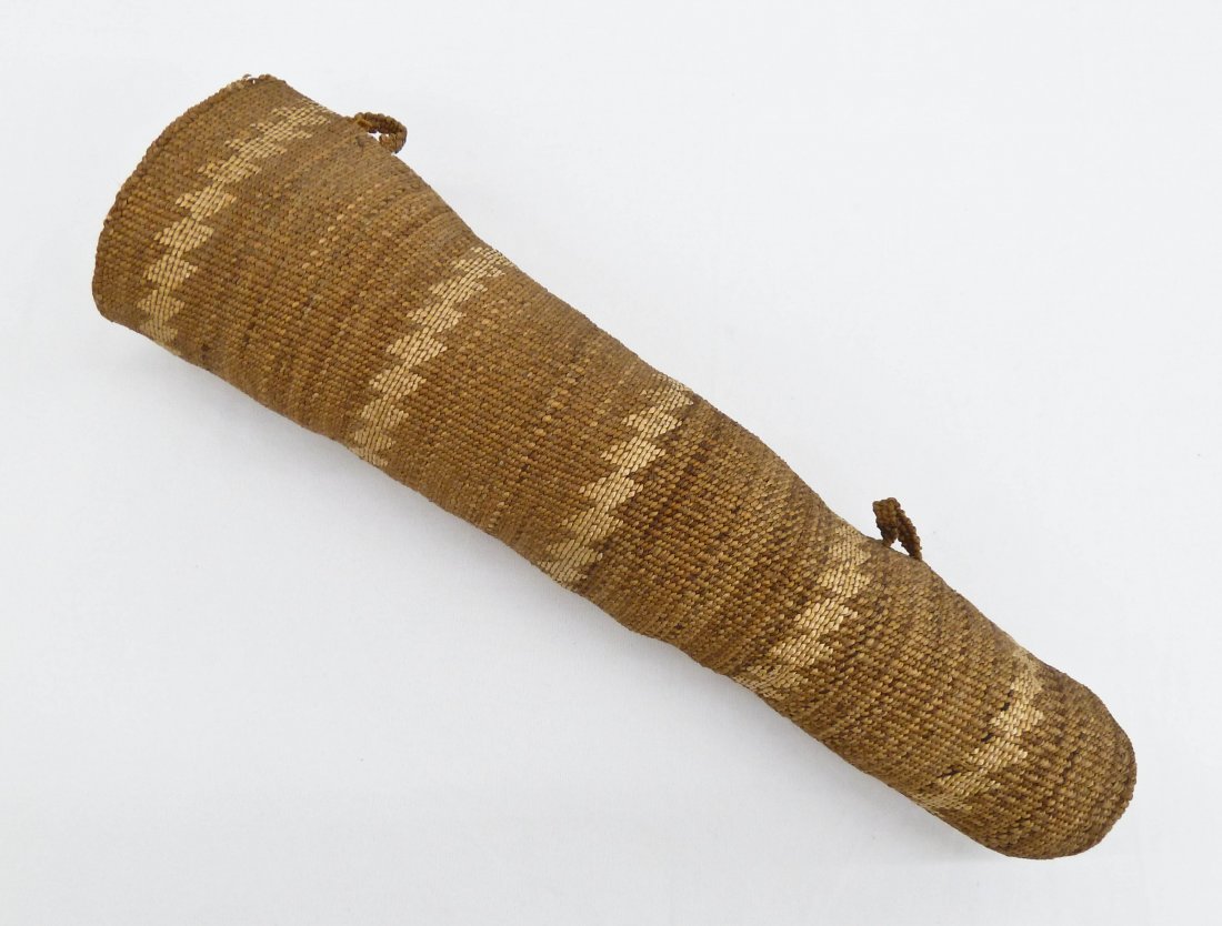 Old Klamath or Modoc Indian Basketry Quiver 15''x4''.: Old Klamath or Modoc Indian Basketry Quiver 15''x4''. Twined tulle basket with geometric designs. Loop at top has been resewn on. No other damage.
