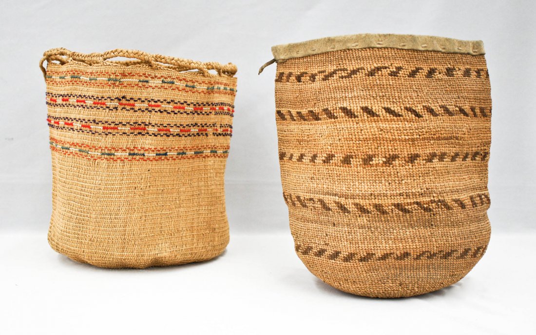 2pc Old Aleut Indian Bag Baskets. Basketry bags measure: 2pc Old Aleut Indian Bag Baskets. Basketry bags measure 9.5''x10'' and 9.25''x8.25'' with geometric patterning. Larger one has a handle. Excellent condition.