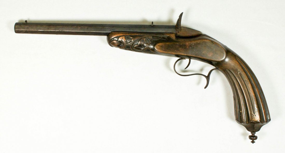 Antique Belgian Percussion Pistol 7.5''x13.5''. Finely: Antique Belgian Percussion Pistol 7.5''x13.5''. Finely carved stalk with octagonal barrel. No visible markings. Overall light rust to weapon.