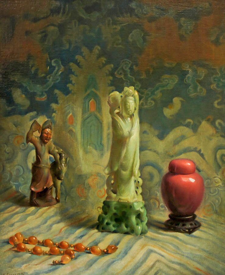 Molly Guion (1910-1982 American) ''Still Life with: Molly Guion (1910-1982 American) ''Still Life with Beads'' Oil on Canvas 24''x20''. Depicts a Chinese still life with ginger jar, carved soapstone figure, and amber prayer beads place on an imperial s