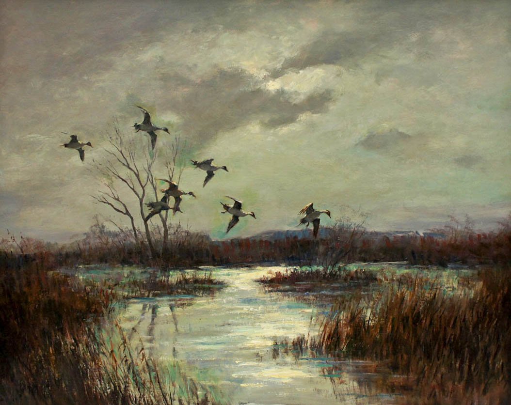 Frank Vining Smith (1879-1967 Massachusetts) ''October: Frank Vining Smith (1879-1967 Massachusetts) ''October Moon'' Landscape Oil on Board 24''x30''. Scene depicts ducks flying over pond. Comes in period silver gilt frame 28.5''x34.5'' total size.