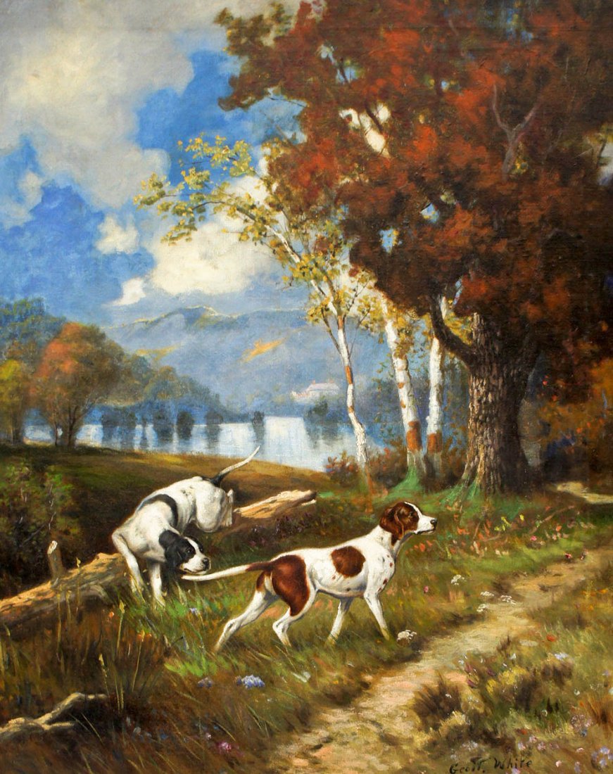 Robert Atkinson Fox (1860-1935 American) ''The Trail'': Robert Atkinson Fox (1860-1935 American) ''The Trail'' Hunting Dogs Oil on Canvas 30''x24''. Signed with pseudonym ''George W. White''. Remnants of gallery title label on verso. Total framed size 34.5