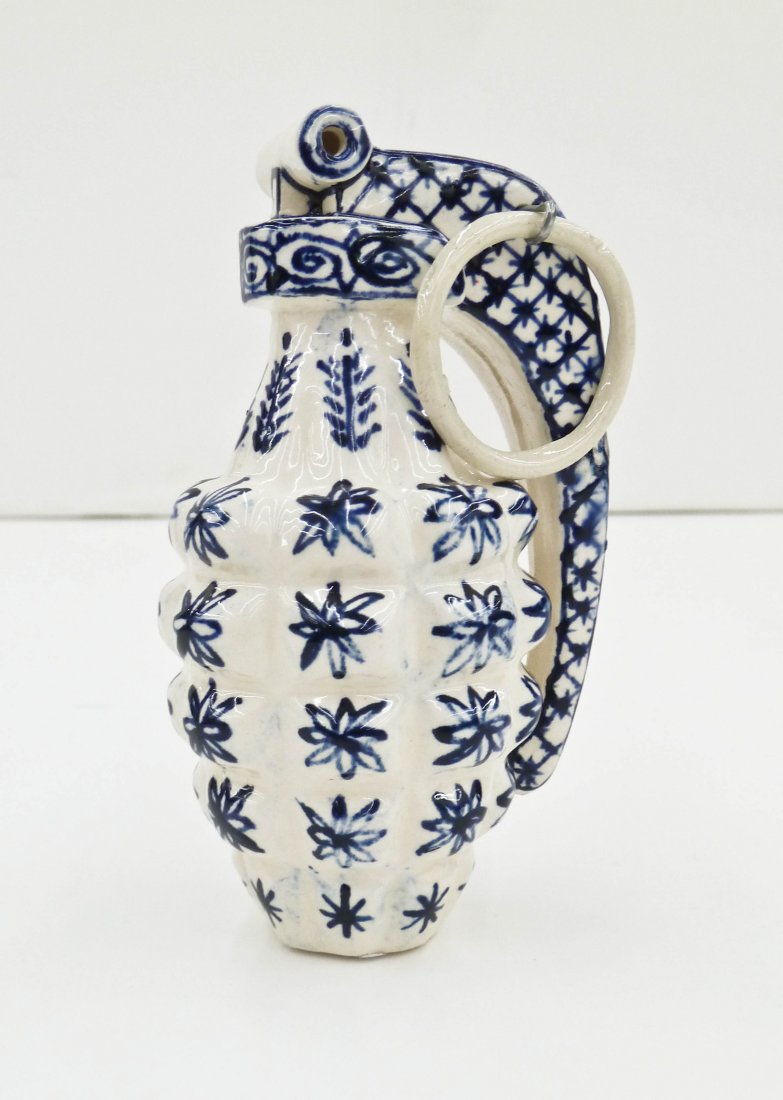 Charles Krafft (b.1947 Washington) Delft Grenade &: Charles Krafft (b.1947 Washington) Delft Grenade & Lodge Plate Ceramic. Disasterware grenade measures 4.25''x2.5'' and is dated 1986. Fraternal painted plate has ''The Mystic Sons of Morris Graves Sea