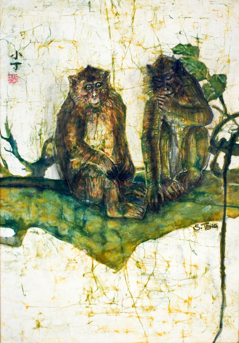 Chuah Siew Teng (b.1944 Malaysia/China) Untitled: Chuah Siew Teng (b.1944 Malaysia/China) Untitled Monkeys Batik Painting 23''x16'' Sight. Total framed size 30.5''x23.25''.