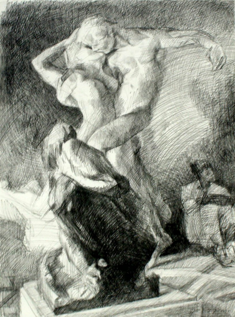 Jian Wang (b.1958 California) Untitled Lover's Embrace: Jian Wang (b.1958 California) Untitled Lover's Embrace 1991 Graphite on Paper 26''x19'' Sheet. Depicts a man and woman embracing mimicking a sculpture in foreground. An early drawing by this famed con