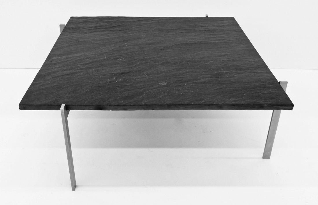 Poul Kjaerholm PK 61 Black Slate Top Coffee Table: Poul Kjaerholm PK 61 Black Slate Top Coffee Table 12.75''x33.5''x33.5''. Manufacturer E. Kold Christensen, Denmark Designed 1956. Impressed mark to matte chrome plated steel frame.