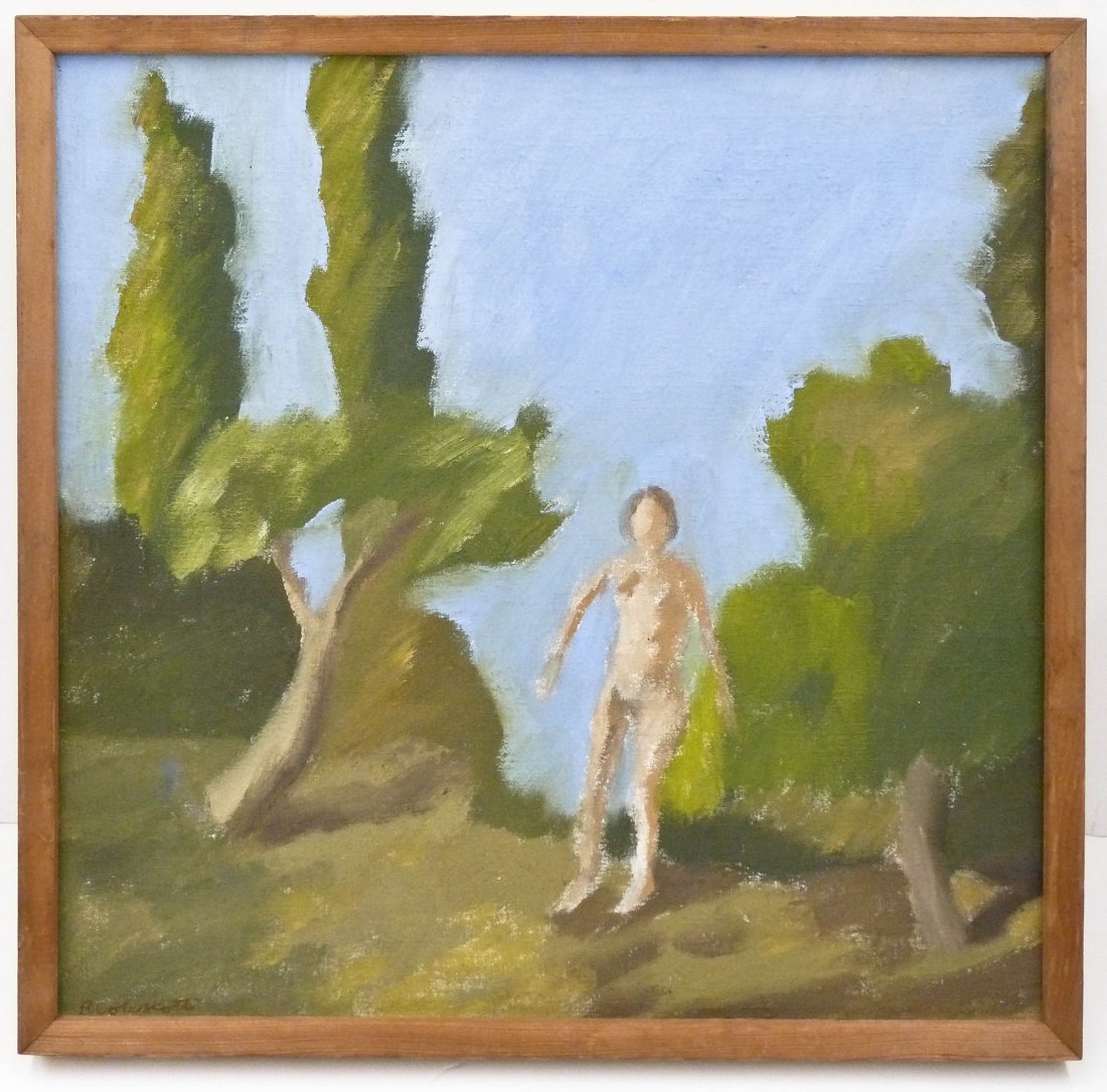 Robert H. Colescott (1925-2009 American) ''Surprised: Robert H. Colescott (1925-2009 American) ''Surprised Nymph'' Oil on Canvas 19.25''x20''. Fountain Gallery label on verso. Important African American artist.