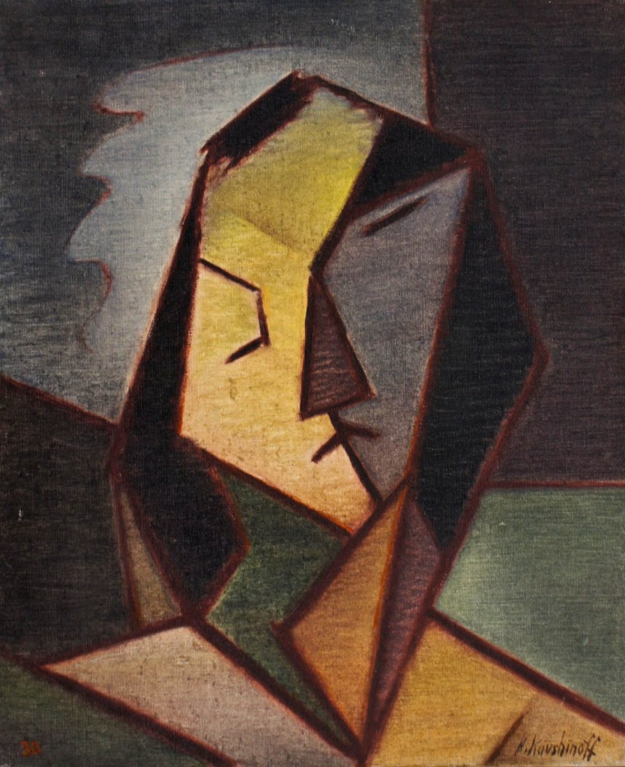Nicolai Kuvshinoff (1899-1997 Washington) ''Three: Nicolai Kuvshinoff (1899-1997 Washington) ''Three Faces'' 1930 Cubist Oil on Canvas 18''x15''.