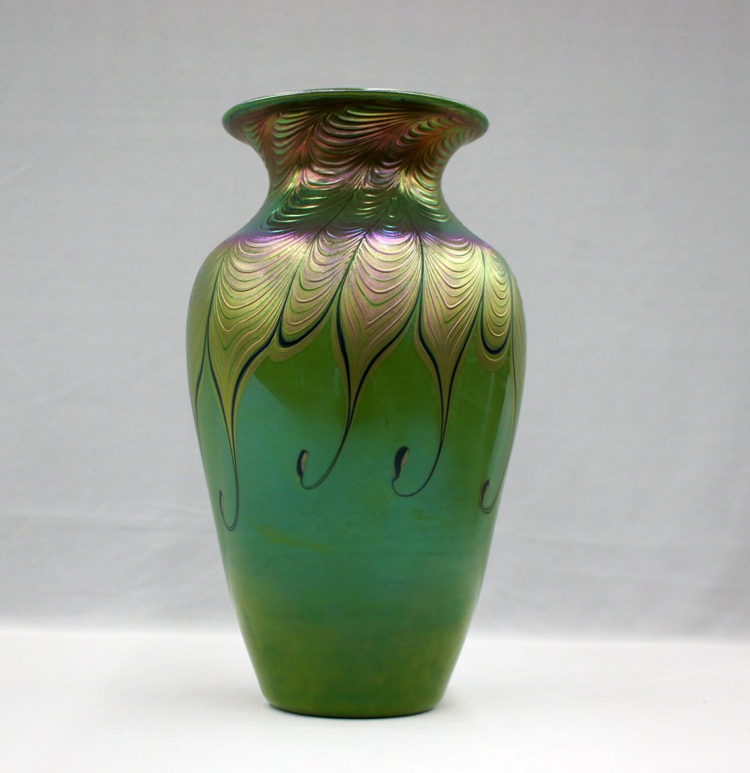 Lundberg Studios large Jade art glass vase with gold