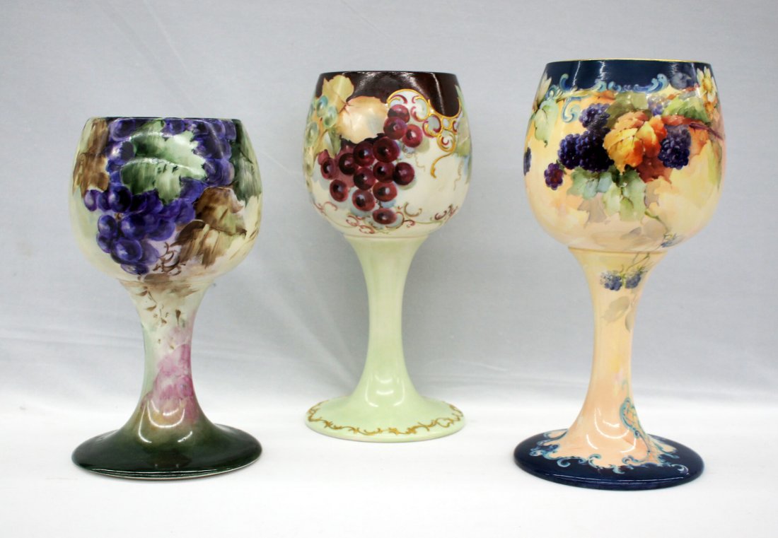 Three Willets Belleek hand painted Chalice cups or: Three Willets Belleek hand painted Chalice cups or goblets with grape design. Heights range from 9.75'' to 11.25''. All are in excellent condition.