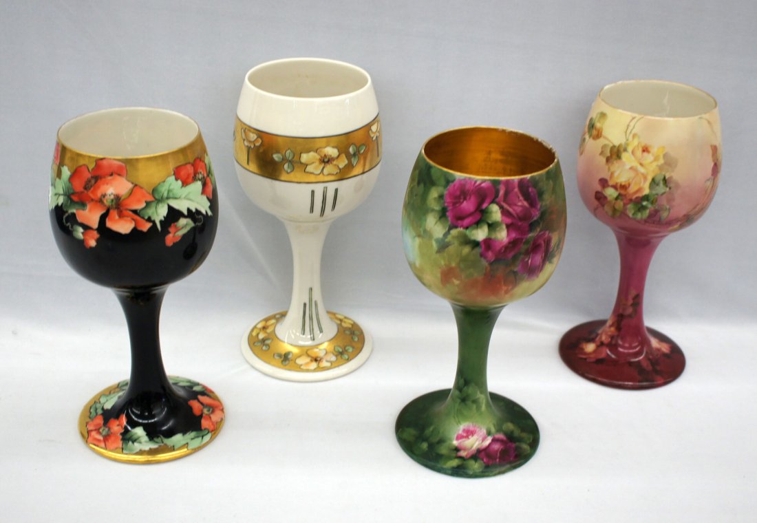 Four Willets Belleek hand painted Chalice cups or: Four Willets Belleek hand painted Chalice cups or goblets. Height ranges 11.5'' to 11.75''. Condition ranges from very good to excellent with some wear to the gold along edges, no cracks, chips or rep