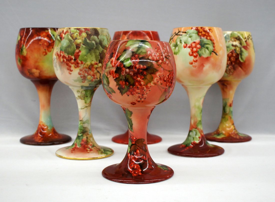 Six Willets Belleek hand painted floral Chalice cups or: Six Willets Belleek hand painted floral Chalice cups or goblets. Height ranges 10'' to 11.5''. Very good to excellent condition, some wear to the gold along rims.