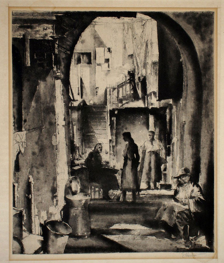 Earl Horter, American (1880-1940) signed original: Earl Horter, American (1880-1940) signed original aquatint etching ''The Kitchen, New Orleans''. Image 12.5'' x 10.5'', sheet size 14.5'' x 12.25''. Unframed. Mat burn along margins, overall good cond