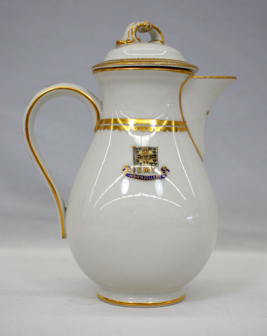 Antique KPM cream or milk jug from German Emperor's: Antique KPM cream or milk jug from German Emperor's Yacht S.M.Y. Hohenzollern 6.25". The S.M.Y. Hohenzollern was the name of several yachts used by the German Emperor's between 1878-1918. Lid does not