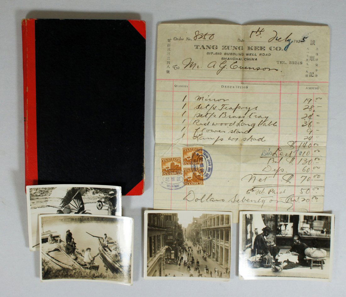 1930's Shanghai, China ledger containing furniture, rug: 1930's Shanghai, China ledger containing furniture, rug and auction gallery receipts with stamps. Also includes four small black and white photos.