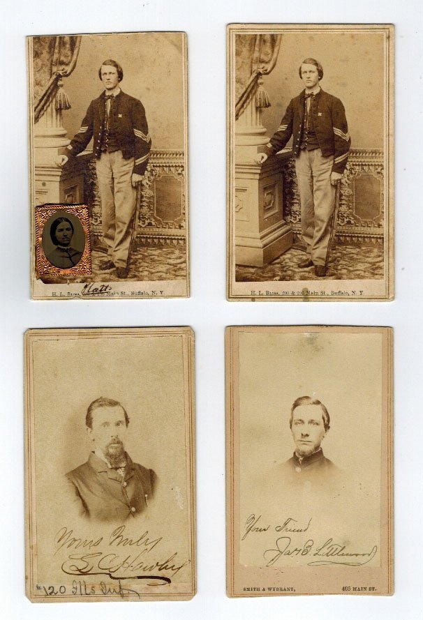 (4) Civil War Identified and signed Union Army CDV's.: (4) Civil War Identified and signed Union Army CDV's. Two of Sergeant Henry G. Handy, 49th Regt., New York Infantry. One James B. Littlewood, Sergeant, 20th Illinois Infantry and one L.C. Hawley, 120t