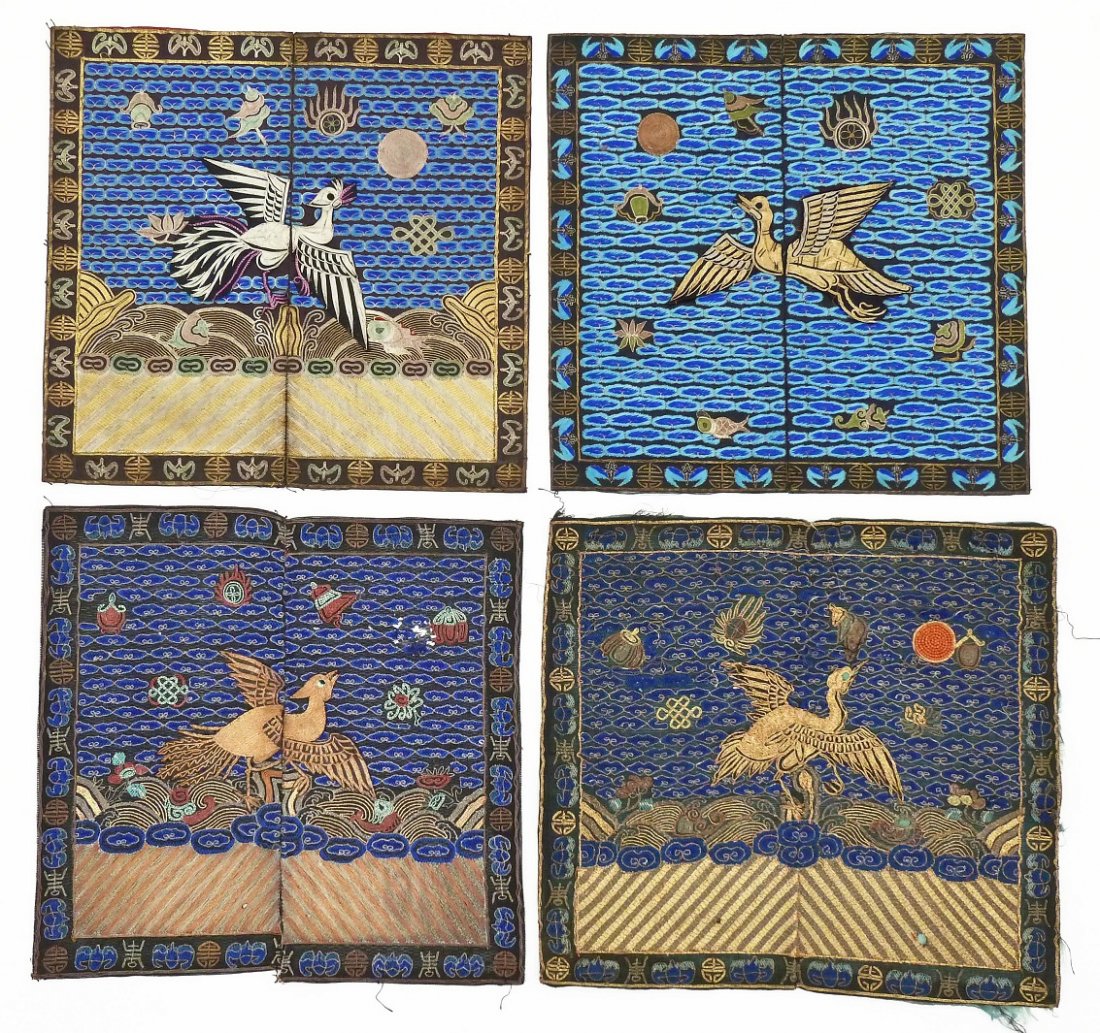 4pc Antique Chinese Pheasant Rank Badges 11.5''x12'': 4pc Antique Chinese Pheasant Rank Badges 11.5''x12'' Each Approx. Gold and silver thread with silk embroidery. Each Mandarin square has a bat and shou symbol border. One has a coral colored beaded moo