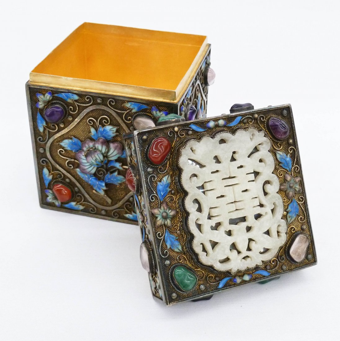 Antique Chinese Jeweled & Enameled Export Silver Square: Antique Chinese Jeweled & Enameled Export Silver Square Box 4.25''x3.75''. Fine enameled blossoming lotus flowers with inset hardstone jewels of amethyst, rose quartz, carnelian agate, and jade. Lid h