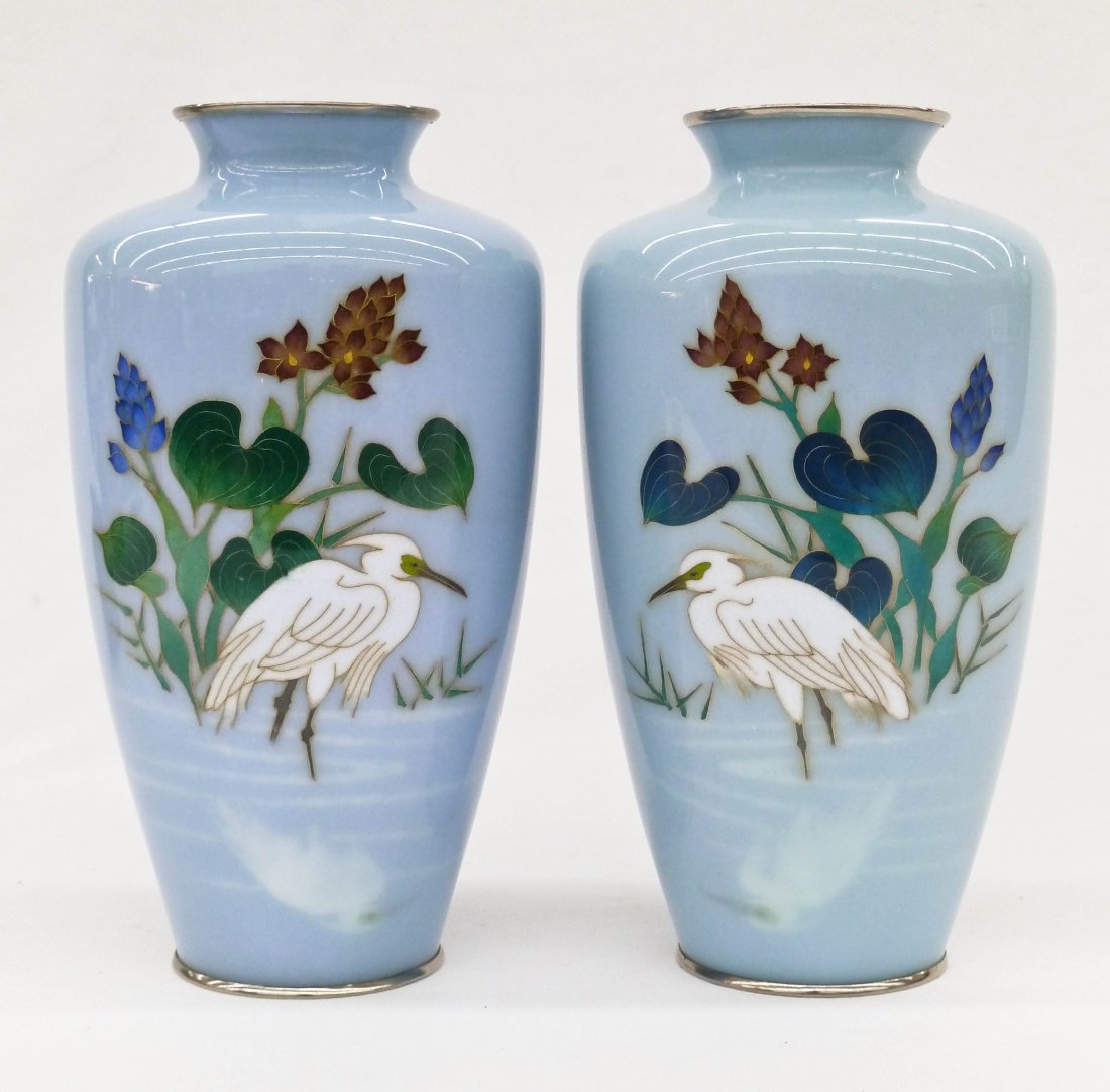 Pair Japanese Cloisonne Stork Vases 7.25''x4'' Each. An: Pair Japanese Cloisonne Stork Vases 7.25''x4'' Each. An opposing turquoise ground pair with wireless decoration. Excellent condition. Taisho period.