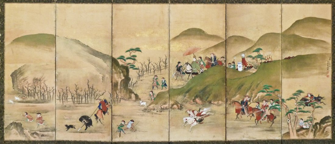 Edo Period Japanese Painted Six Panel Room Screen: Edo Period Japanese Painted Six Panel Room Screen 58.75''x130''. It is titled, ''Great Shogunate Yoritomo Minamoto, hunting at the foot of Mt. Fuji, his followers go hunting''. The painter is Ryuzan Y