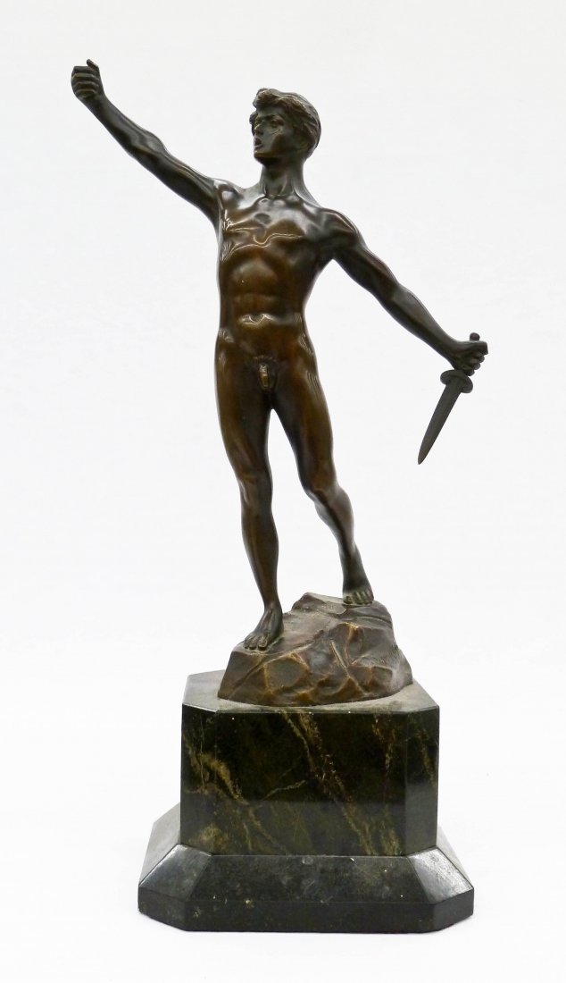 Otto Schmidt-Hofer (1873-1925 German) ''Perseus'': Otto Schmidt-Hofer (1873-1925 German) ''Perseus'' Bronze Sculpture on Marble Base 15.5''x8''. Male nude with sword in hand. Signed on base with Garanti foundry mark. Missing leaf in left hand. 19th/20