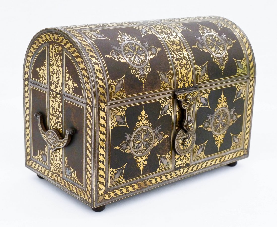 Antique Spanish Damascened Domed Steel Casket or: Antique Spanish Damascened Domed Steel Casket or Coffret 6''x8.5''x4.75''. Attributed to the work of Placido Zuloaga (1834-1910) from Eibar or Toledo. He was the son of Eusebio Zuloago Gonzalez, a gun