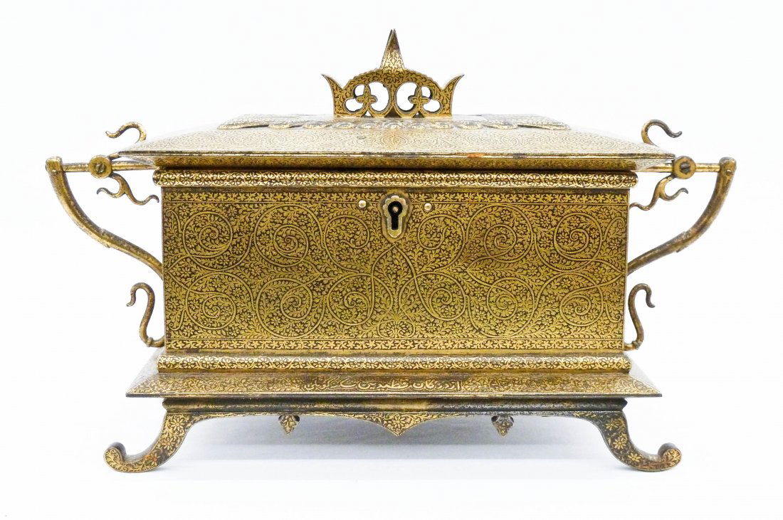Antique Indian Koftgari Damascened Steel Casket: Antique Indian Koftgari Damascened Steel Casket 6''x10.5''x5''. A fine damascene gold inlaid steel box with ornate scrollwork. Figural pierced crown finial. Islamic arabic inscription on front of base