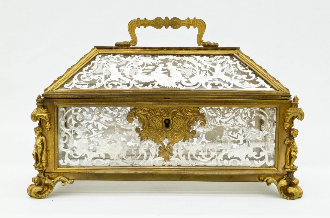 Antique French Gilt Bronze & Silver Panel Casket: Antique French Gilt Bronze & Silver Panel Casket 4.75''x7.25''x3.5''. Dore bronze body with figural putto edges. It has pierced, chased silver panels with courting scenes and putti under glass panels.