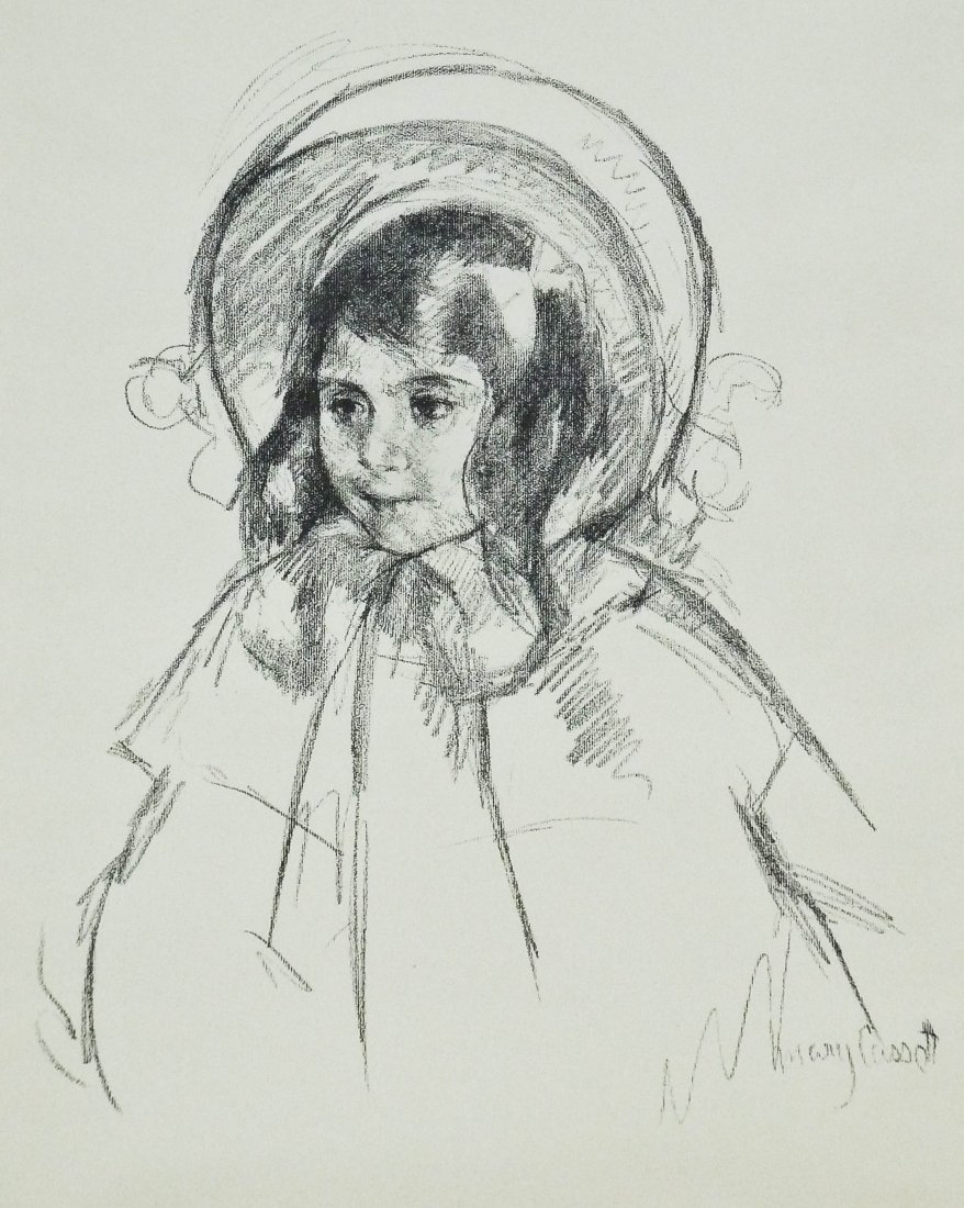 After Mary Cassatt (1844-1926 French) ''Sarah Wearing: After Mary Cassatt (1844-1926 French) ''Sarah Wearing Her Bonnet and Coat (B. 198)'' Lithograph on Arches 22.75''x17.75'' Sight. Purchased Kenneth Behm Galleries, Bellevue WA. Gallery framed with a to