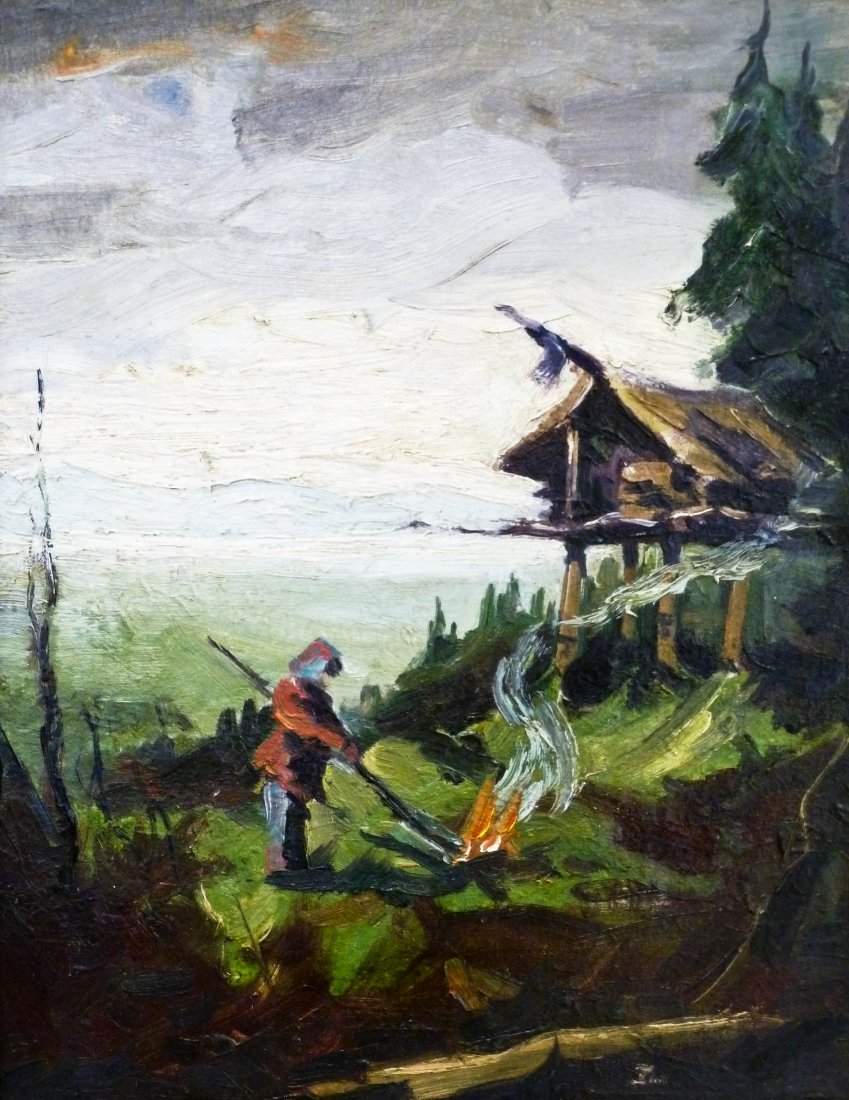 Curtis Wagoner (b.1927 Alaska) Woman with Cache: Curtis Wagoner (b.1927 Alaska) Woman with Cache Landscape Oil on Canvas Board 18''x14'' Image. He was a student of Ted Theodore Lambert.