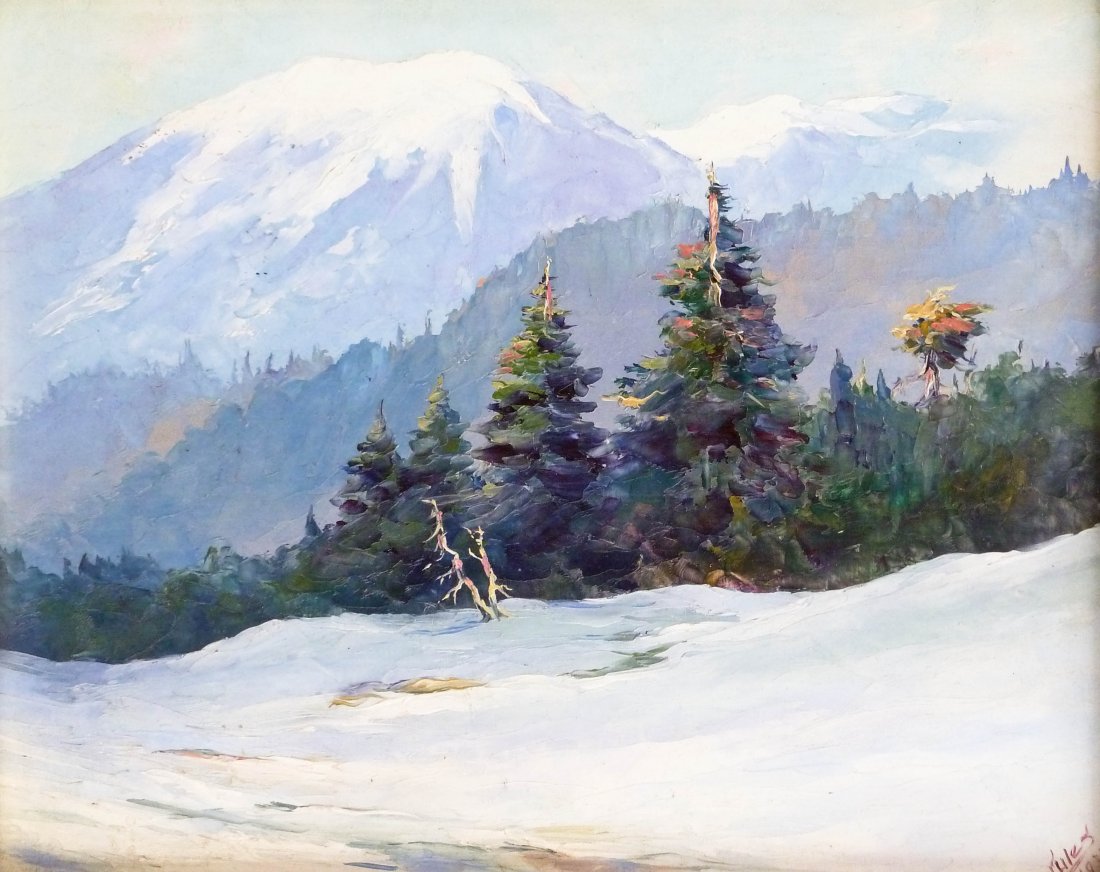 Jules Dahlager (1884-1952 Alaska) Alaskan Landscape: Jules Dahlager (1884-1952 Alaska) Alaskan Landscape 1932 Oil on Board 8''x10'' Image. Housed in contemporary gilt frame with a total framed size of 13.5''x15.5''. Dahlager was in the school of Eustace