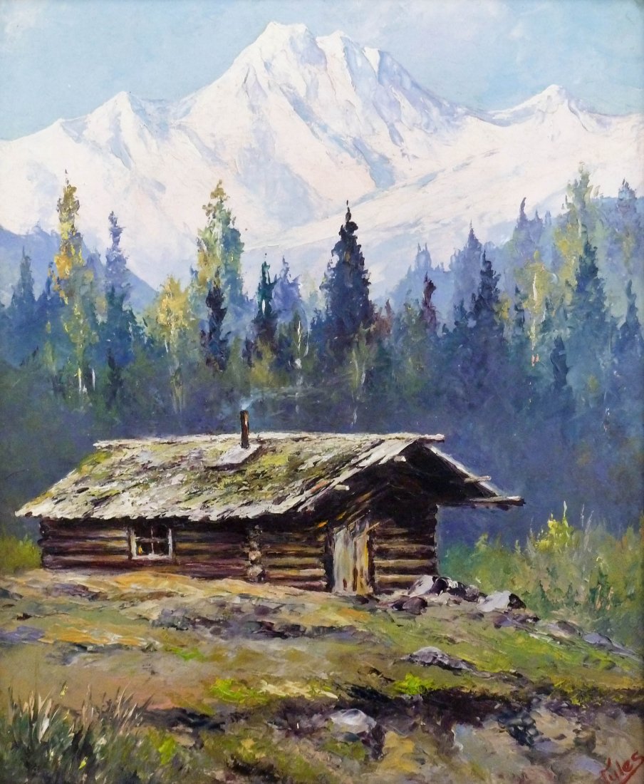 Jules Dahlager (1884-1952 Alaska) ''Home of a: Jules Dahlager (1884-1952 Alaska) ''Home of a Sourdough: In the Copper River Valley Near Cordova, Alaska'' Oil on Board 10''x12'' Image. Original artist's title label on verso. Housed in period gilt c