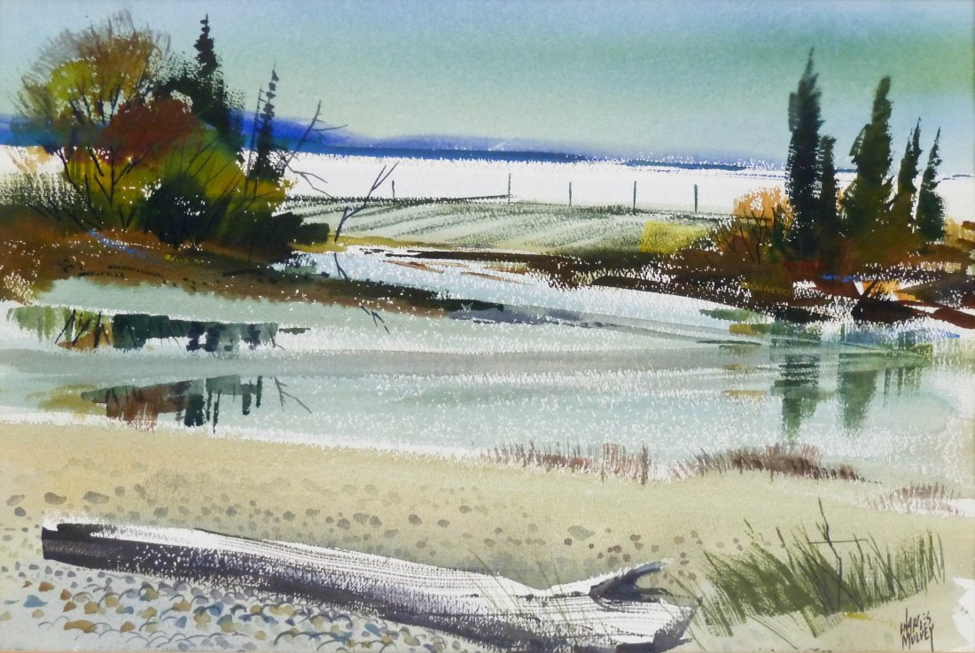 Charles Mulvey (1918-2001 Washington) Beach Scene: Charles Mulvey (1918-2001 Washington) Beach Scene Watercolor on Paper 14''x21'' Sight. Total framed size 21.5''x28''. Deaccessioned from The Weyerhaeuser Corporate Collection.