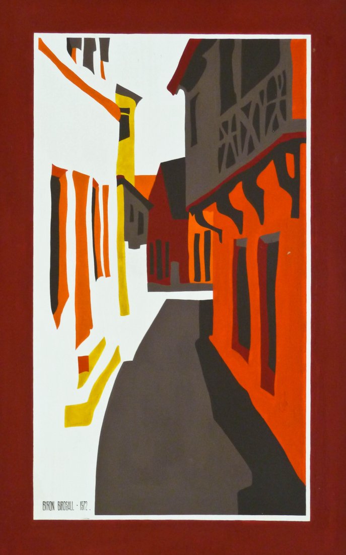 Byron Birdsall (b.1937 Alaska) Street Scene 1972: Byron Birdsall (b.1937 Alaska) Street Scene 1972 Tempera on Board 48''x30''. Scattered craquelure and paint flaking.