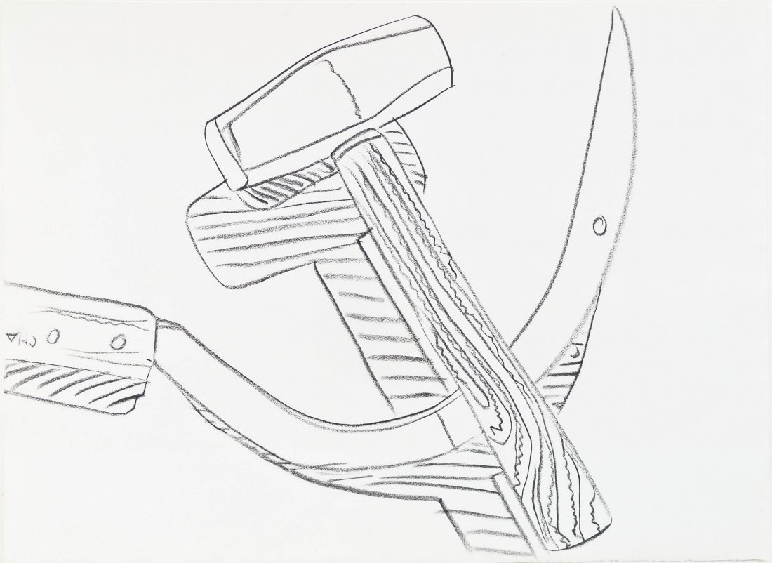Andy Warhol (1928-1987 American) ''Hammer and Sickle'': Andy Warhol (1928-1987 American) ''Hammer and Sickle'' 1977 Graphite on Ivory Wove Paper 20.5''x28'' Image. Estate of Andy Warhol stamp on verso with ''VF'' and numbers ''31.006'' in pencil. Warhol pr