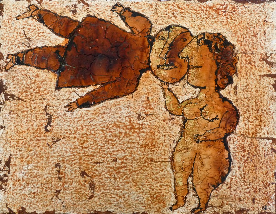 Felix Sherman (20/21st Cent. Russian) ''Kiss Me Honey'': Felix Sherman (20/21st Cent. Russian) ''Kiss Me Honey'' 1999 Oil and Wash on Artist Paper 10''x12.75''. Signed and titled on verso. Loose, unframed.