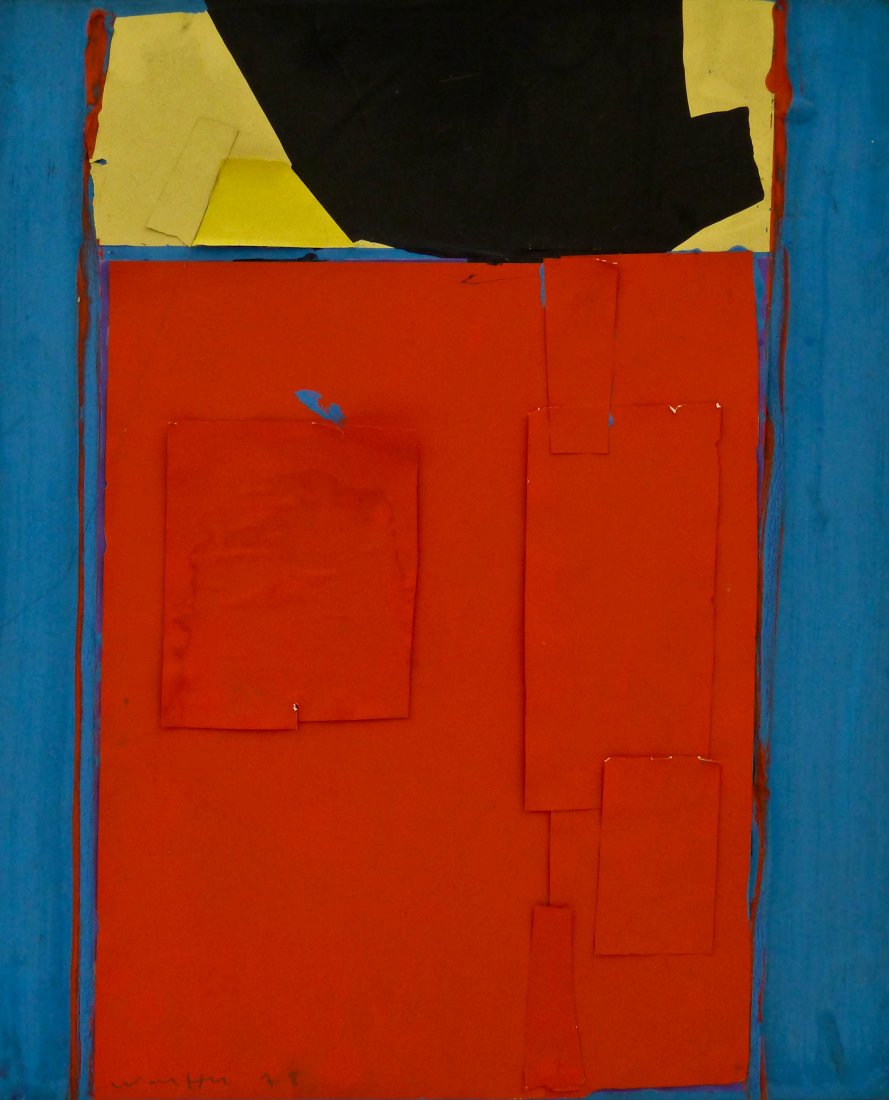 Emerson Woelffer (1914-2003 California) ''Blank: Emerson Woelffer (1914-2003 California) ''Blank Bottom'' 1978 Acrylic & Collage on Canvas 24''x20''. Title and signed on verso. Some chipping to applied collage.