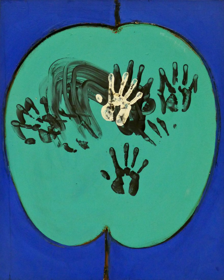 Emerson Woelffer (1914-2003 California) ''White Hand: Emerson Woelffer (1914-2003 California) ''White Hand and Reflections'' 1963 Oil on Canvas 42''x34''. Remnants of Los Angeles Gallery label on verso of stretcher. Small chip to impasto u.l. and a few s