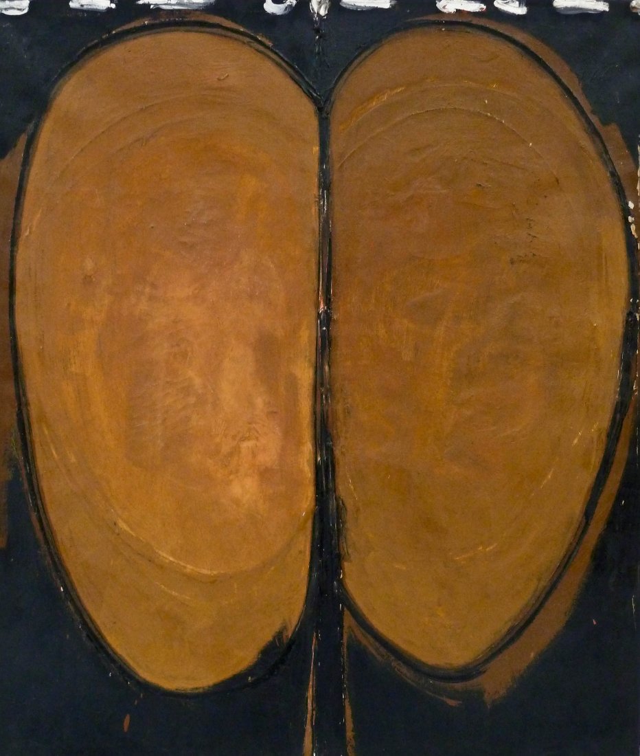 Emerson Woelffer (1914-2003 California) ''Mirror on: Emerson Woelffer (1914-2003 California) ''Mirror on Black'' 1961 Oil on Canvas 40''x34''. Titled and signed on verso. Primus Stuart Galleries, Los Angeles label on verso, painted over. Scattered craqu